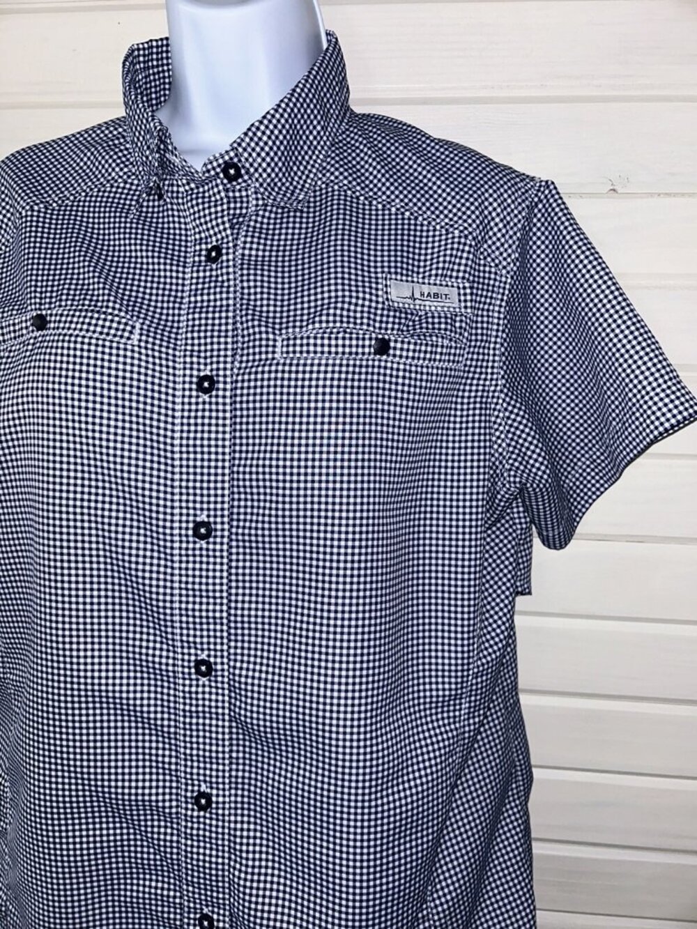 Habit Sz LARGE Lochpoint Womens S/S River Fishing Shirt Blue Gingham SPF 40+ EUC